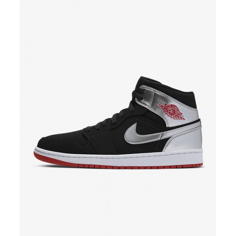 N4618 รองเท้า Nike Air Jordan 1 Mid-Black/Metallic Silver/White/Gym Red