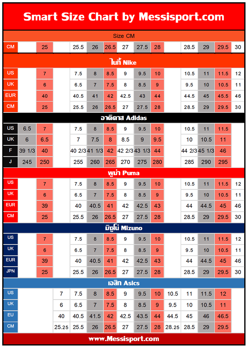 Smart Size Chart Nike Adidas Puma Mizuno Asics